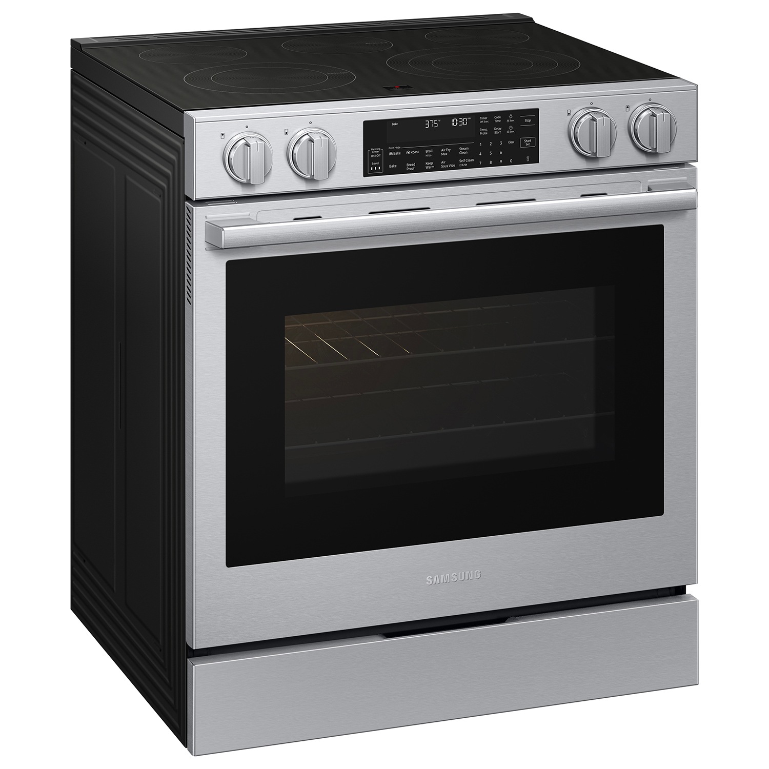 Right angle view of the  Bespoke Smart Slide-In Electric Range with Illuminated Precision Knobs, No Preheat Air Fry Max and True Convection | Samsung US featuring its Pro Style Design