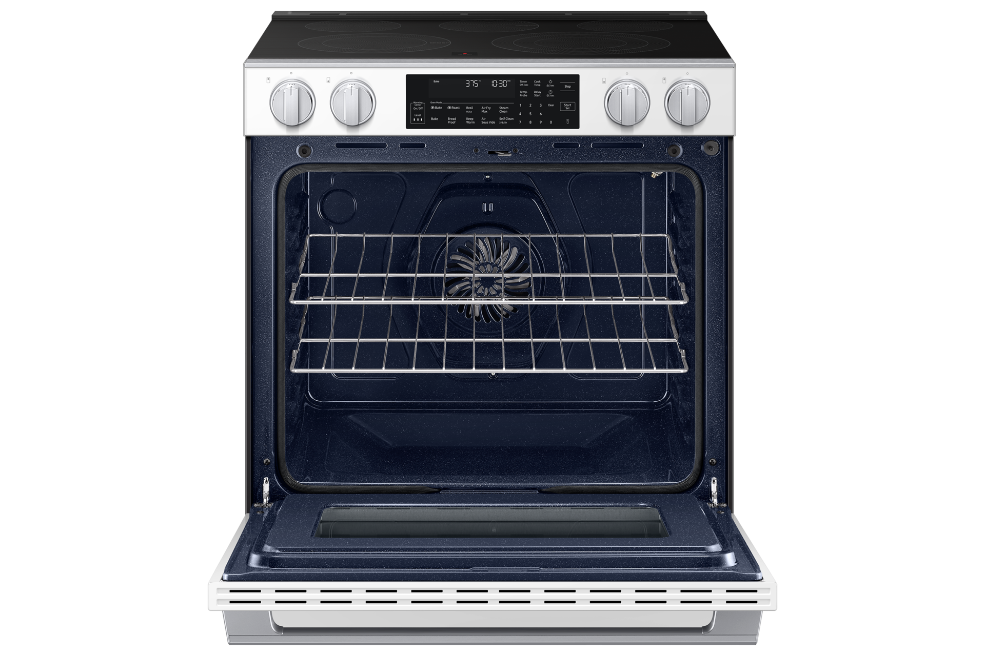 Open oven door of the Bespoke Smart Slide-In Electric Range with Illuminated Precision Knobs, No Preheat Air Fry Max and True Convection | Samsung US