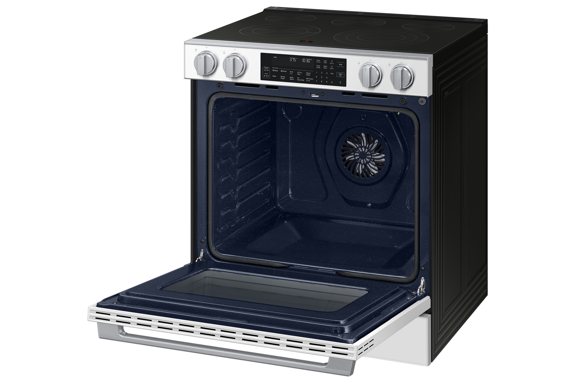 Right angle view of the  Bespoke Smart Slide-In Electric Range with Illuminated Precision Knobs, No Preheat Air Fry Max and True Convection with open oven door