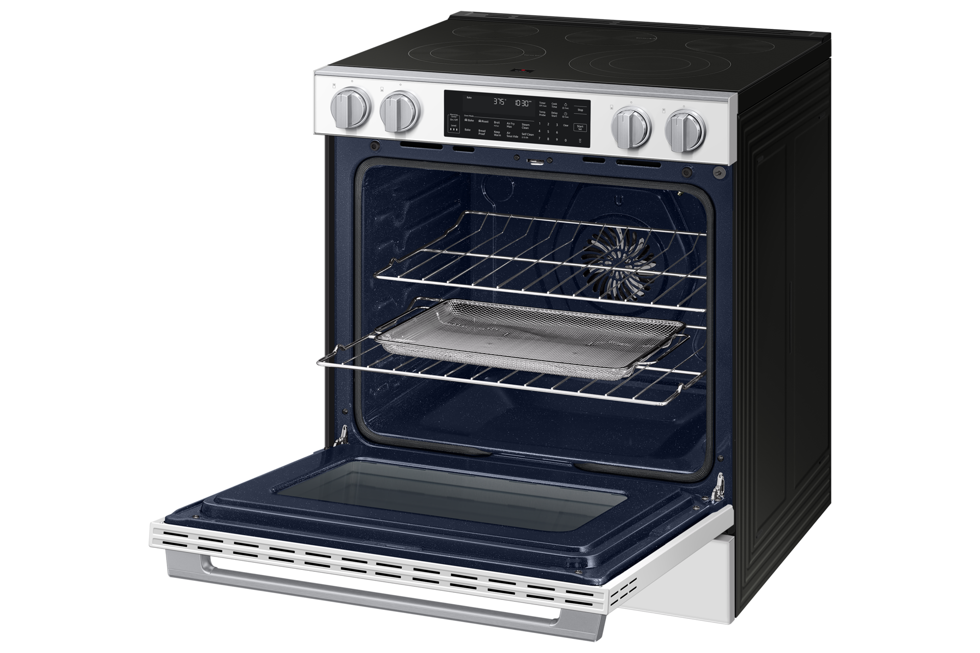 Right angle view of the  Bespoke Smart Slide-In Electric Range with Illuminated Precision Knobs, No Preheat Air Fry Max and True Convection with open oven door showing racks and Air Fry Tray