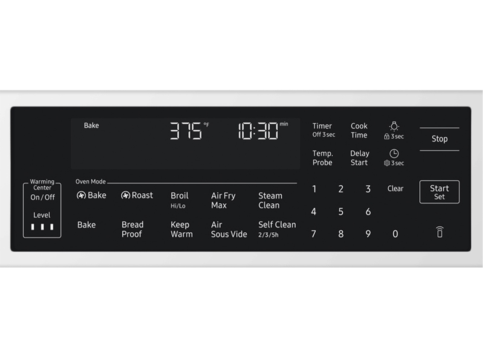 Front control panel on the  Bespoke Smart Slide-In Electric Range with Illuminated Precision Knobs, No Preheat Air Fry Max and True Convection | Samsung US