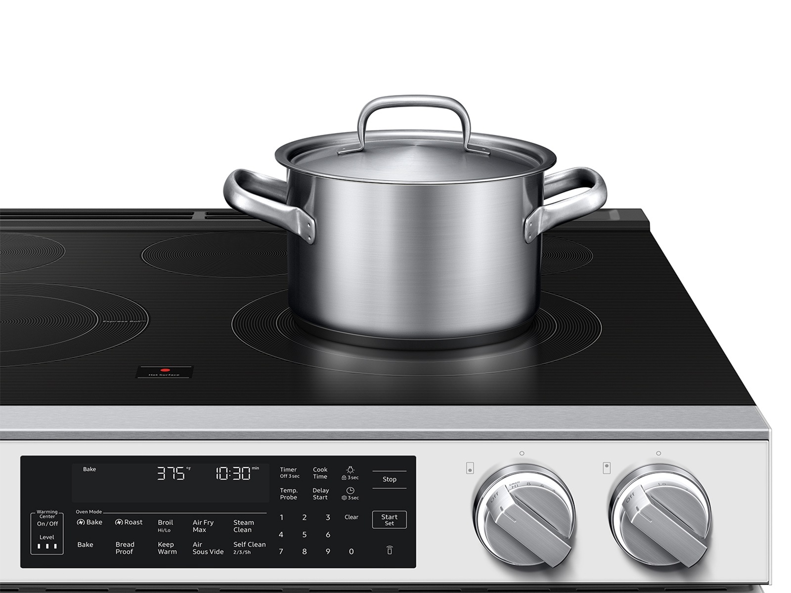 Detail image showing closeup of of  Bespoke Smart Slide-In Electric Range with Illuminated Precision Knobs, No Preheat Air Fry Max and True Convection | Samsung US 