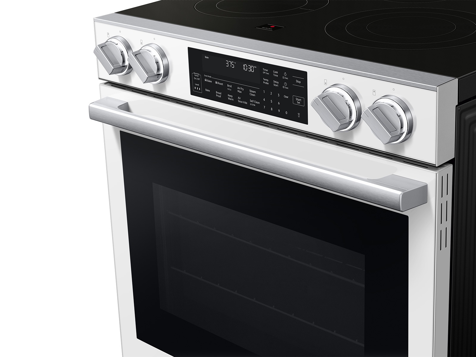 Angled detail view of  Bespoke Smart Slide-In Electric Range with Illuminated Precision Knobs, No Preheat Air Fry Max and True Convection | Samsung US 