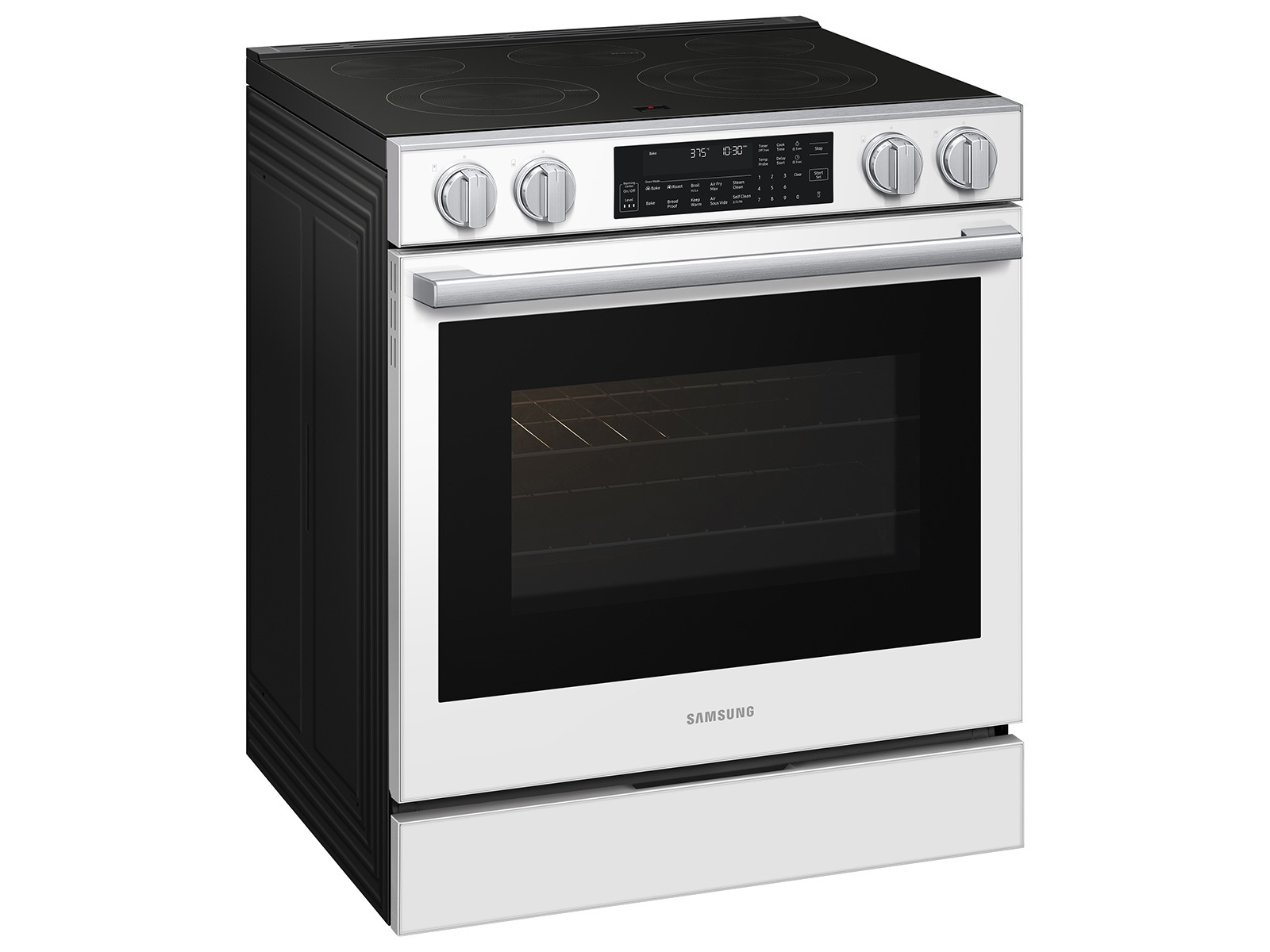 Right angle view of the  Bespoke Smart Slide-In Electric Range with Illuminated Precision Knobs, No Preheat Air Fry Max and True Convection | Samsung US featuring its Pro Style Design