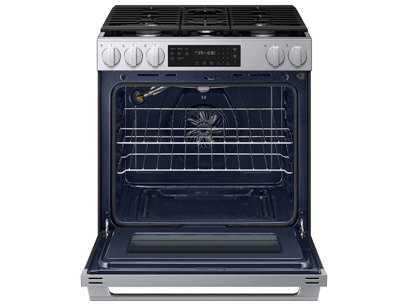Open oven door of the Bespoke Smart Slide-In Gas Range with No Preheat Air Fry Max | Samsung US
