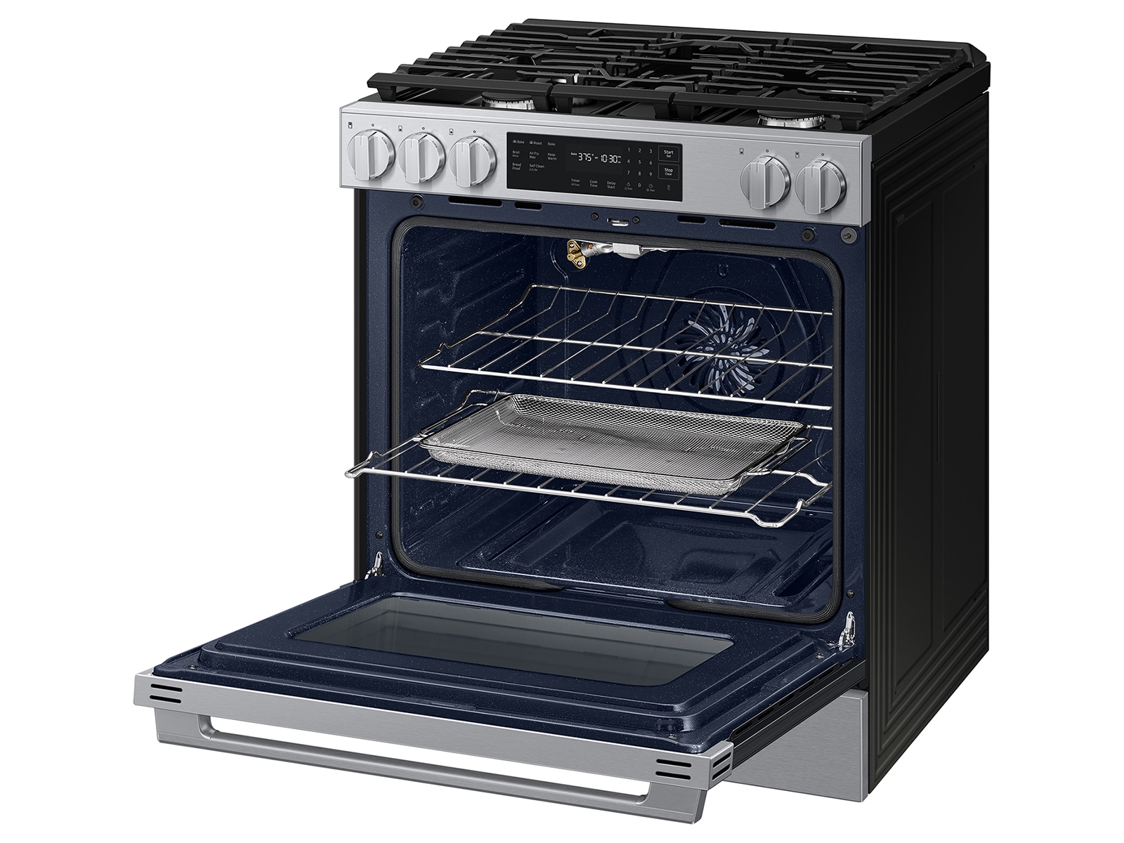 Right angle view of the  Bespoke Smart Slide-In Gas Range with No Preheat Air Fry Max with open oven door
