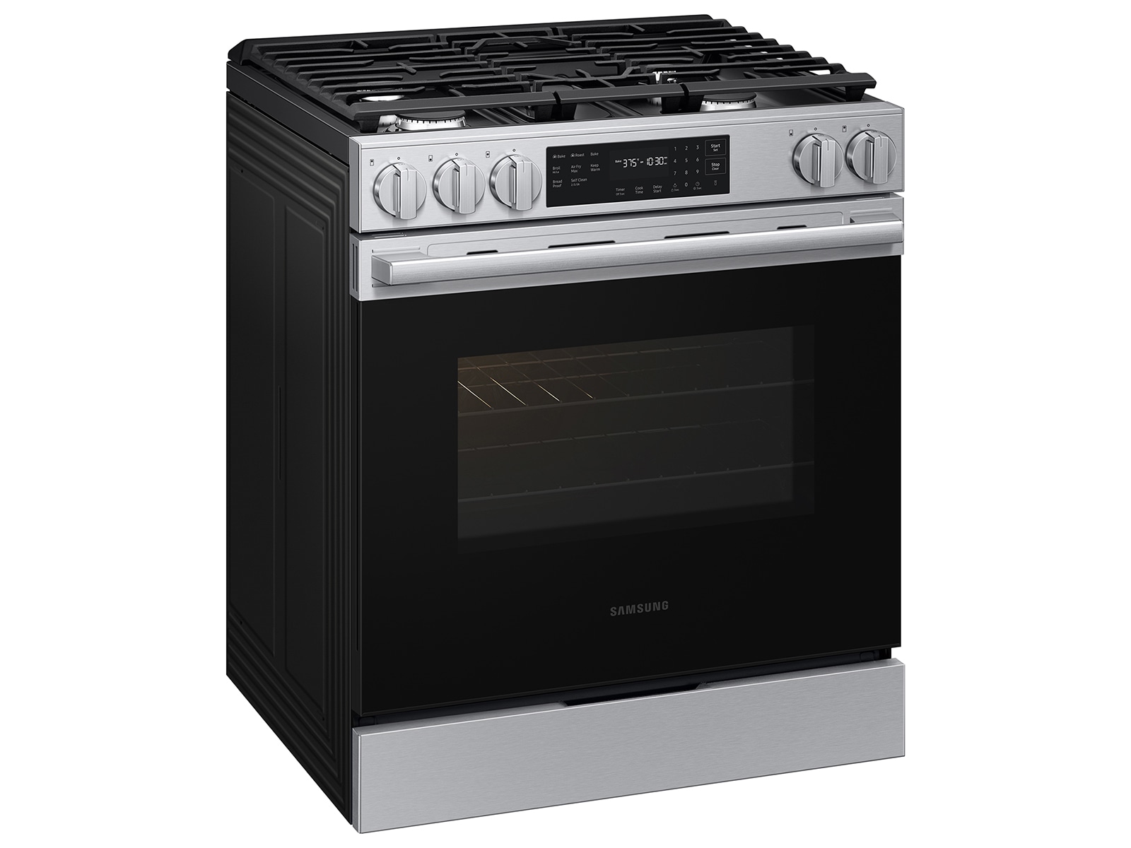 Angled detail view of  Bespoke Smart Slide-In Gas Range with No Preheat Air Fry Max | Samsung US