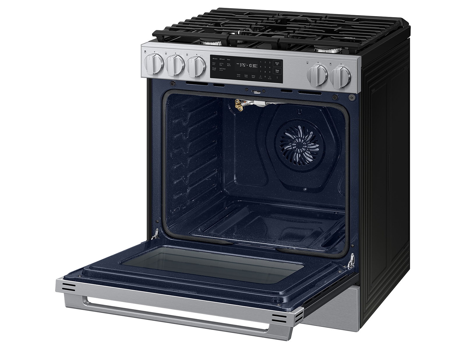 Right angle view of the  Bespoke Smart Slide-In Gas Range with No Preheat Air Fry Max | Samsung US featuring its Pro Style Design