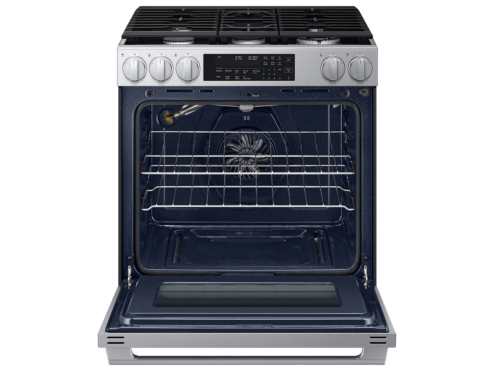 Open oven door of the Bespoke Smart Slide-In Gas Range with Illuminated Precision Knobs, No Preheat Air Fry Max and True Convection | Samsung US