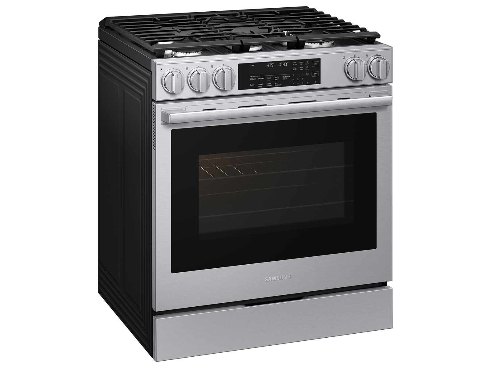 Angled detail view of  Bespoke Smart Slide-In Gas Range with Illuminated Precision Knobs, No Preheat Air Fry Max and True Convection | Samsung US