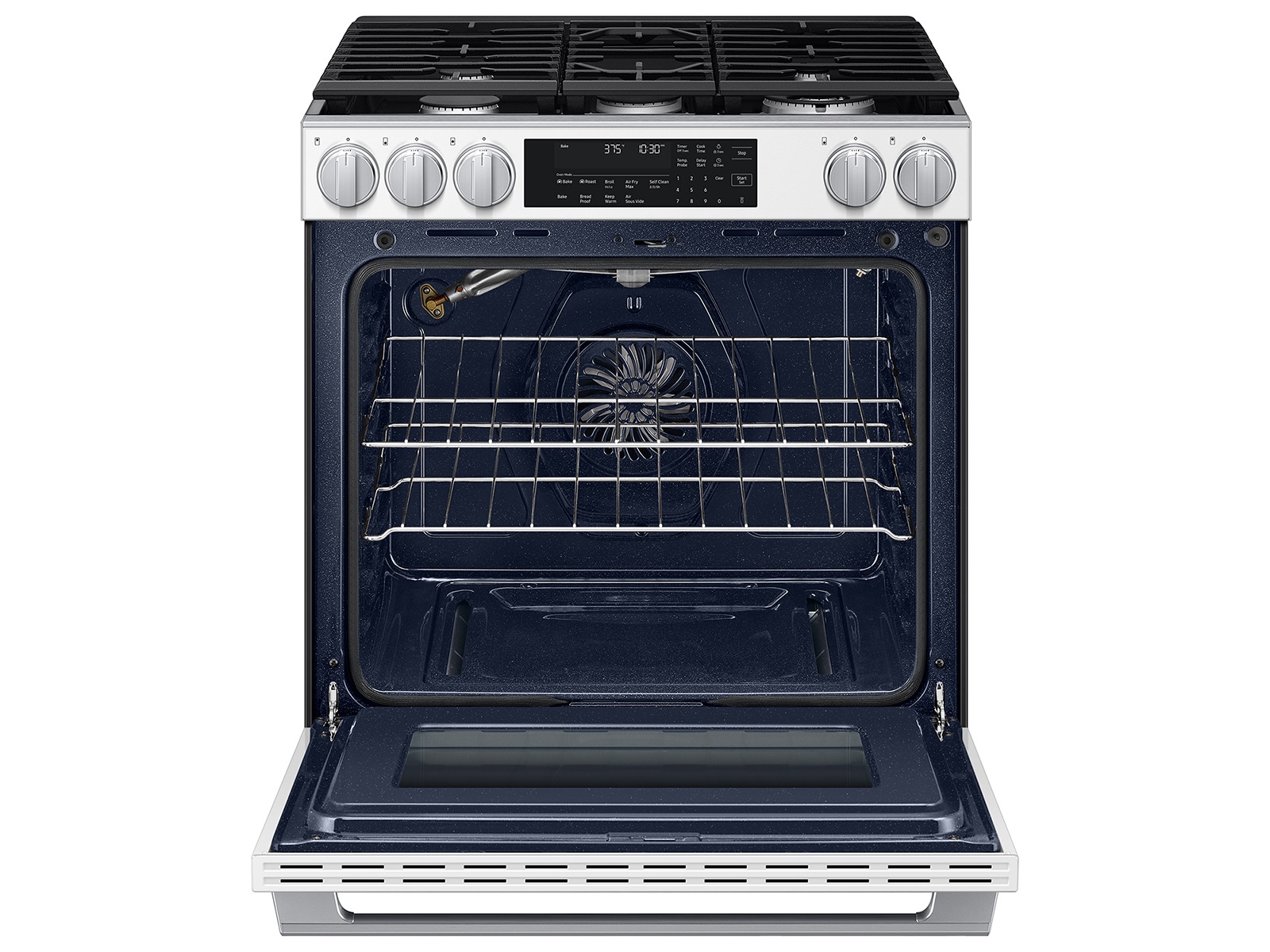 Open oven door of the Bespoke Smart Slide-In Gas Range with Illuminated Precision Knobs, No Preheat Air Fry Max and True Convection | Samsung US