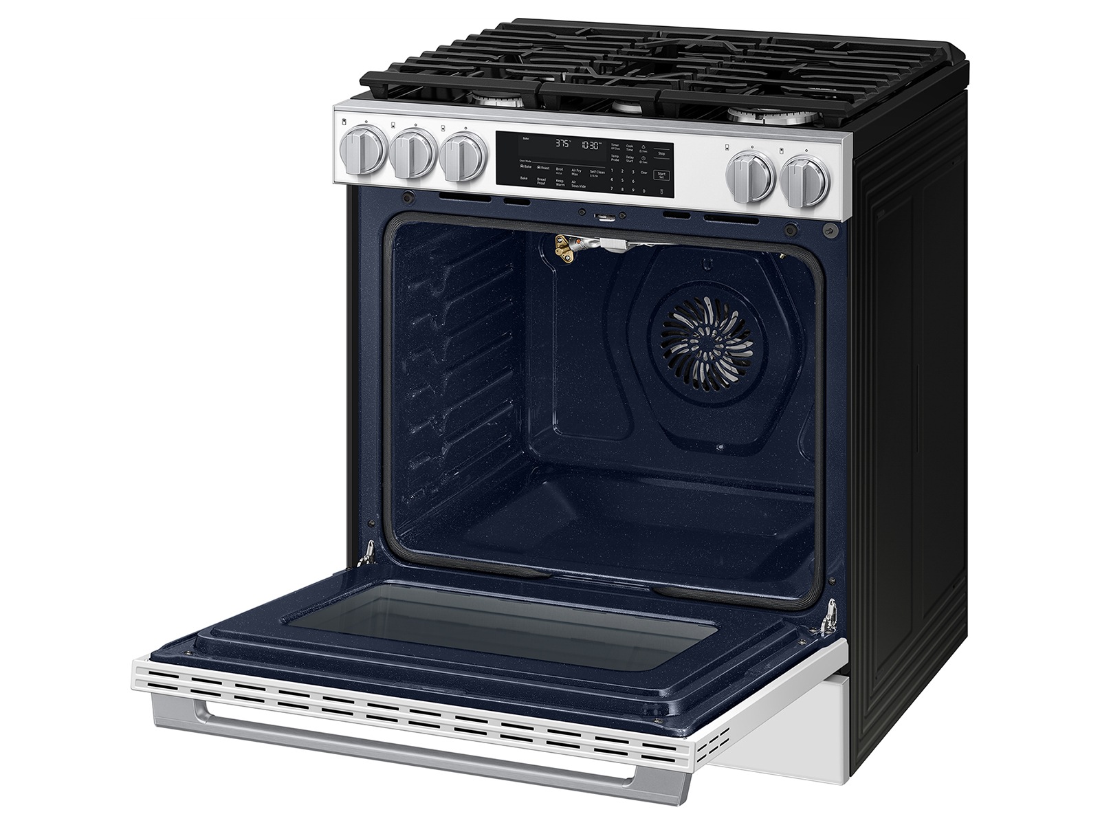 Right angle view of the  Bespoke Smart Slide-In Gas Range with Illuminated Precision Knobs, No Preheat Air Fry Max and True Convection with open oven door