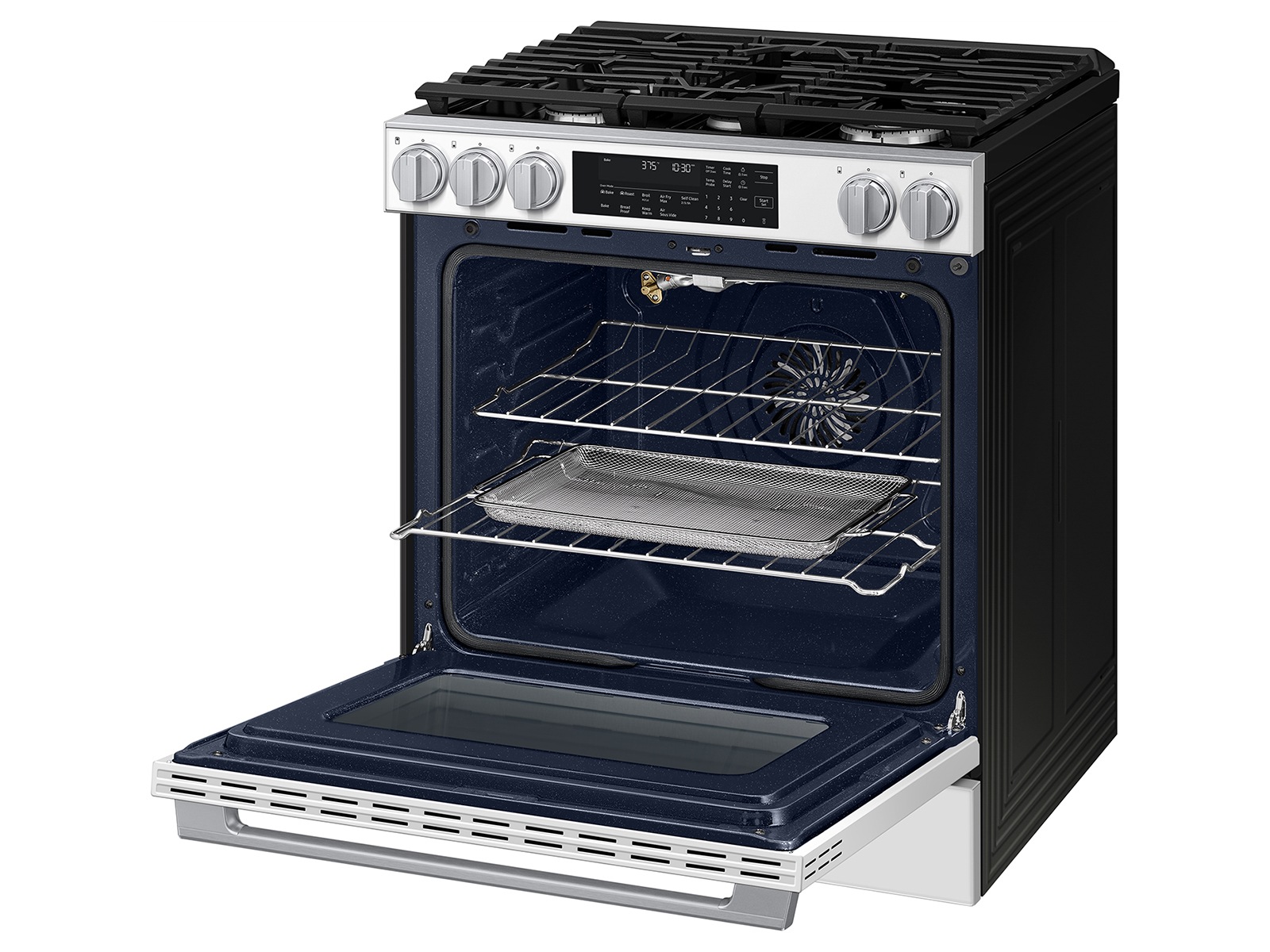Right angle view of the  Bespoke Smart Slide-In Gas Range with Illuminated Precision Knobs, No Preheat Air Fry Max and True Convection with open oven door