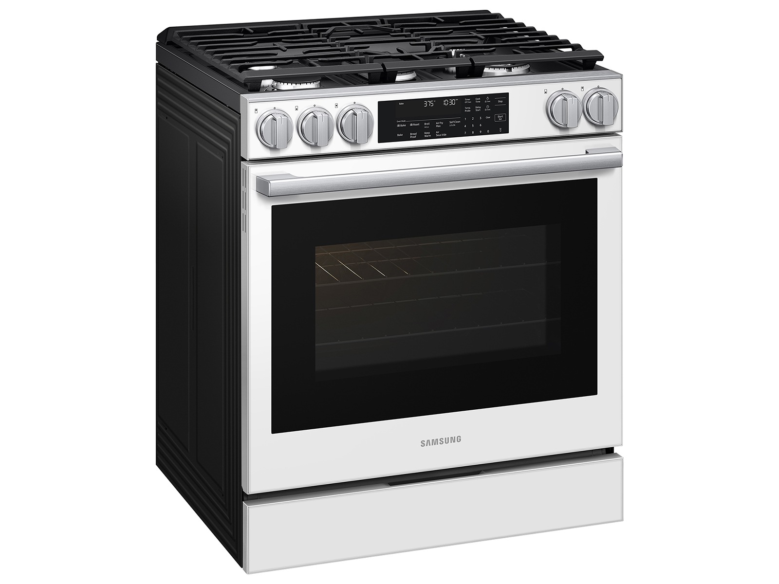 Angled detail view of  Bespoke Smart Slide-In Gas Range with Illuminated Precision Knobs, No Preheat Air Fry Max and True Convection | Samsung US