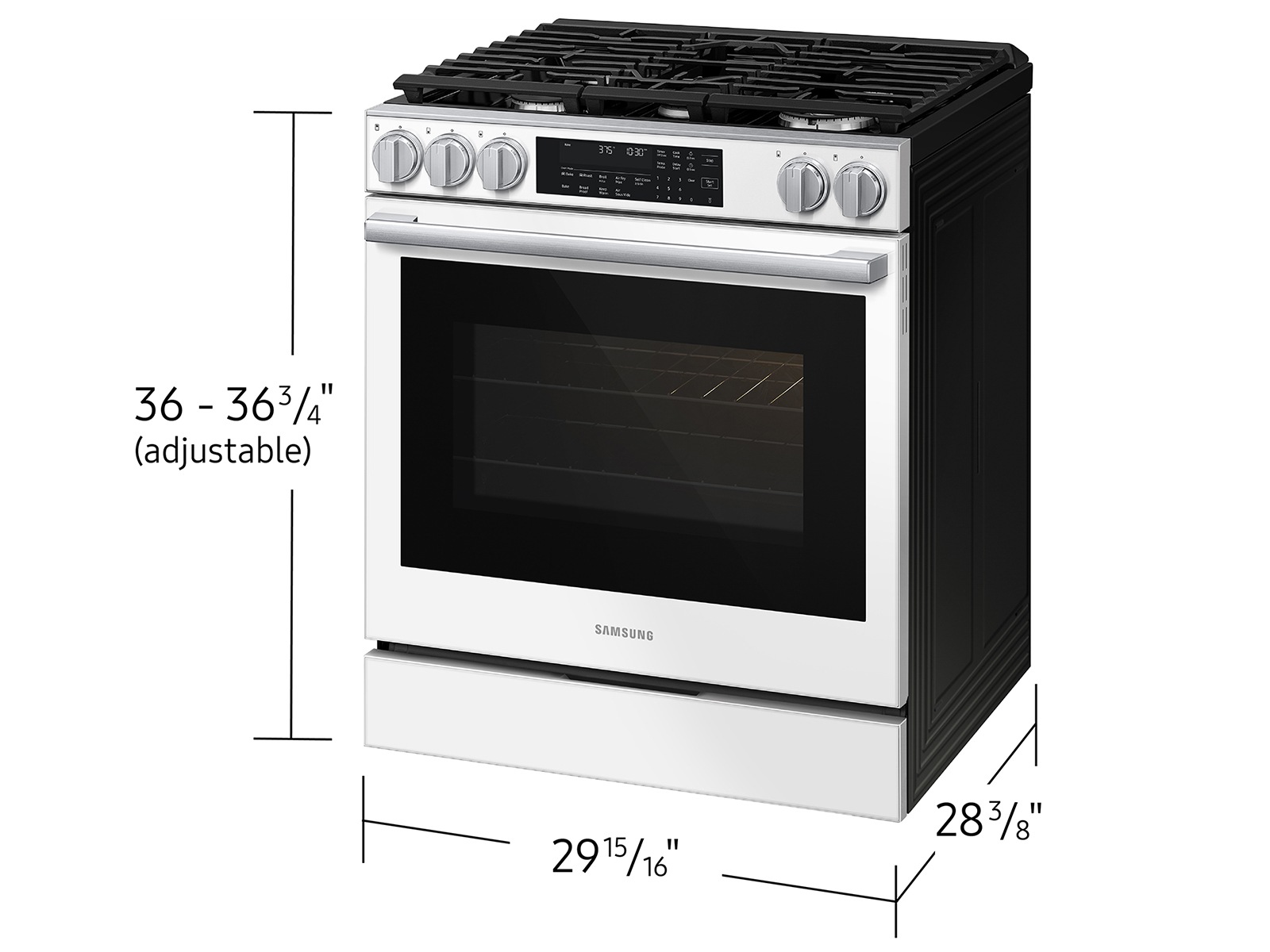 Dimensions of Bespoke Smart Slide-In Gas Range with Illuminated Precision Knobs, No Preheat Air Fry Max and True Convection | Samsung US
