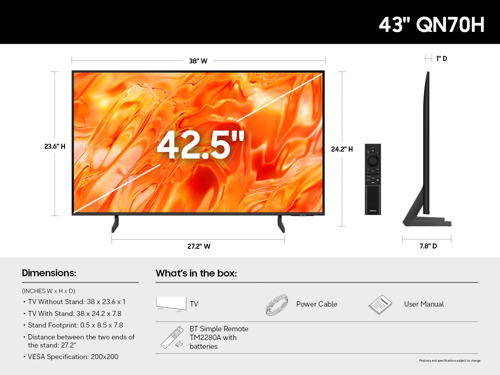Samsung Neo QLED 4K Smart TV QN70H measurements.