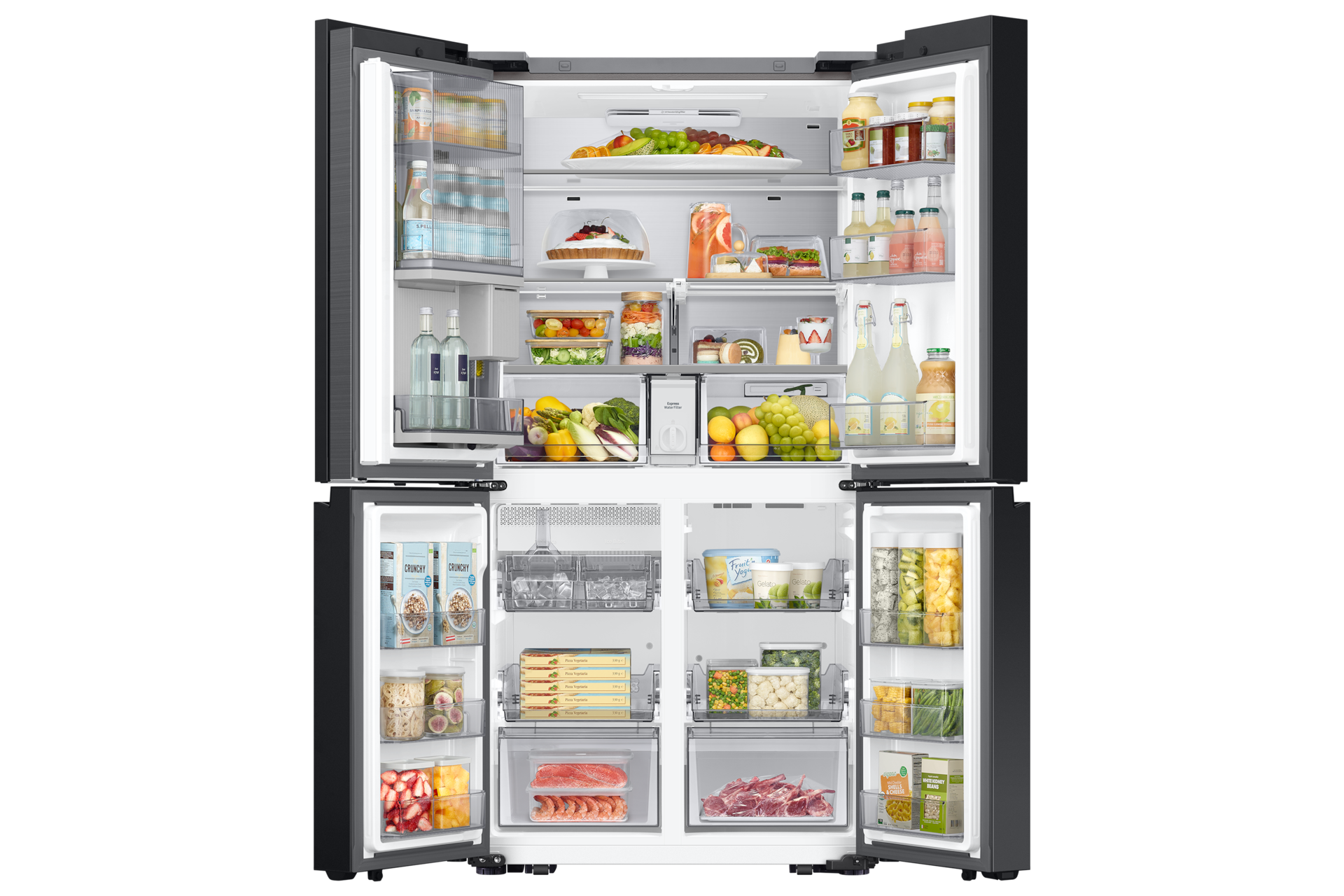 BESPOKE RF9000 T Style French Door Refrigerator with See-thru Door Front-Open-With-Food1 Stainless Steel 