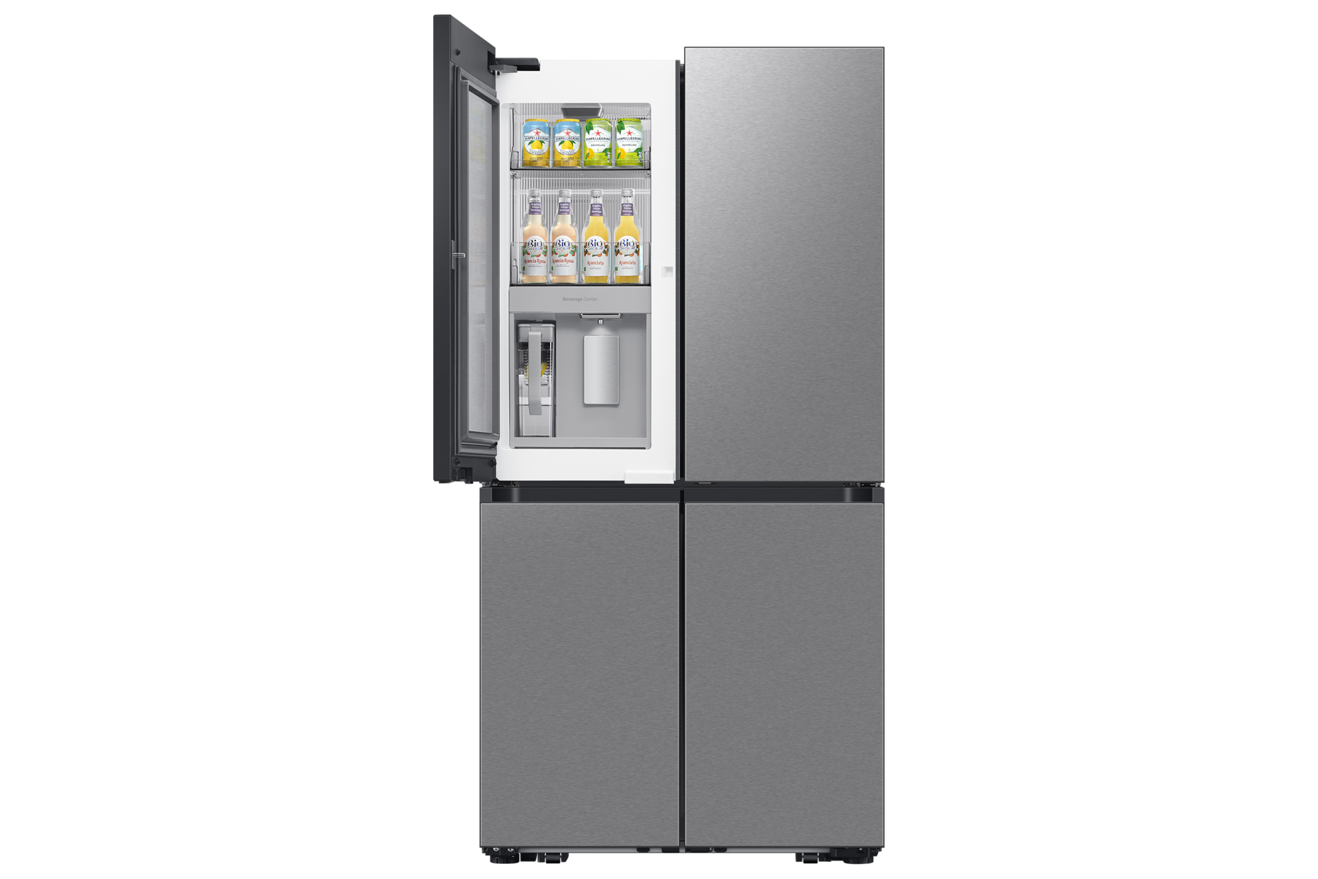 BESPOKE RF9000 T Style French Door Refrigerator with See-thru Door Front-Open-With-Food2 Stainless Steel 