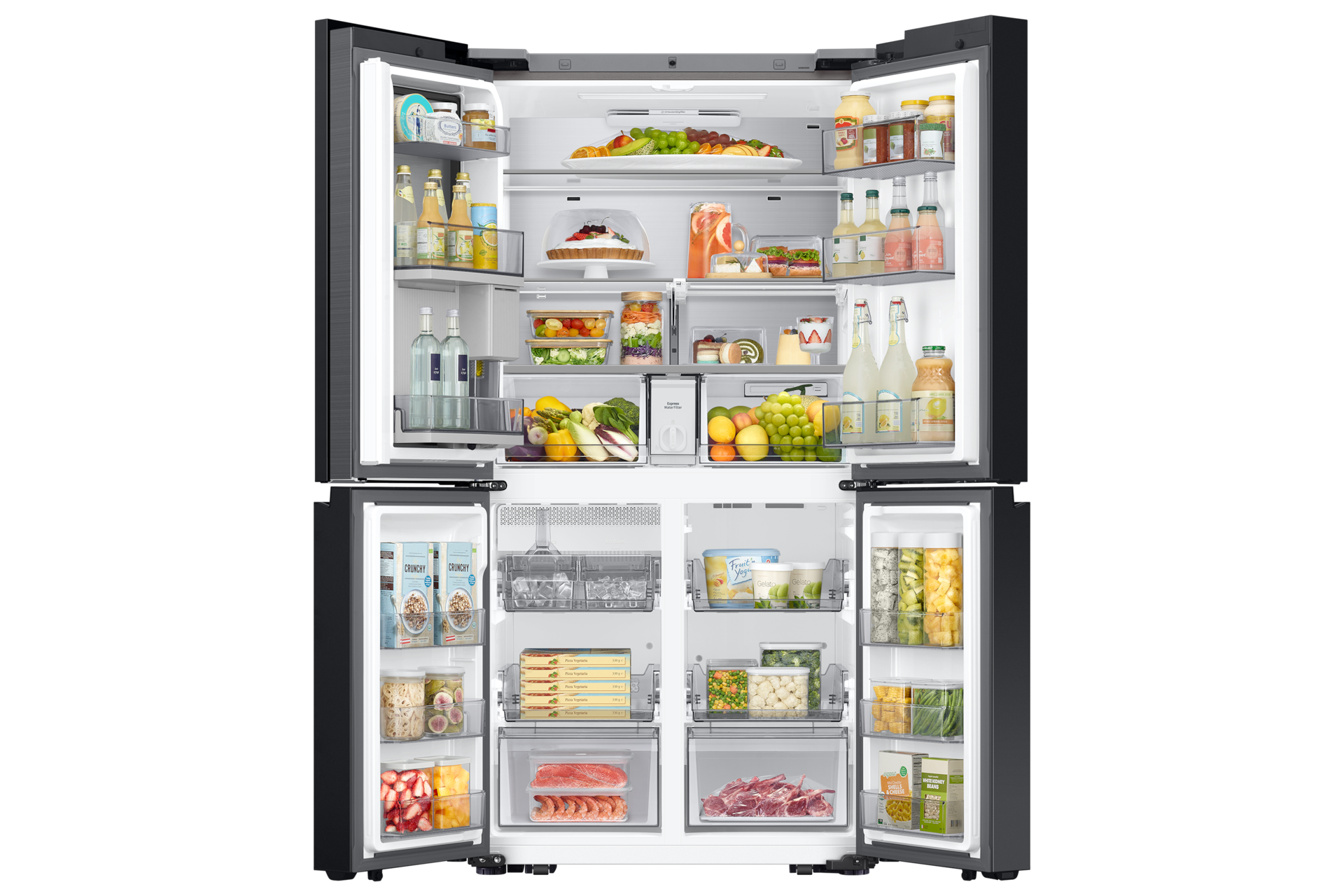 BESPOKE RF9000 T style French Door Refrigerators with 32” Family Hub Front-Open-With-Food2 Stainless Steel 