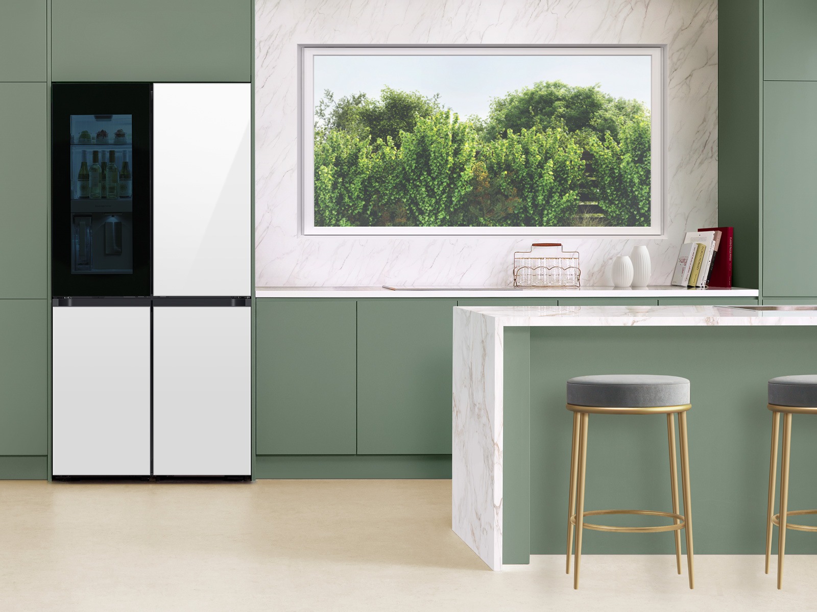 Samsung Bespoke 4-Door Flex White Glass Refrigerator in a modern green kitchen