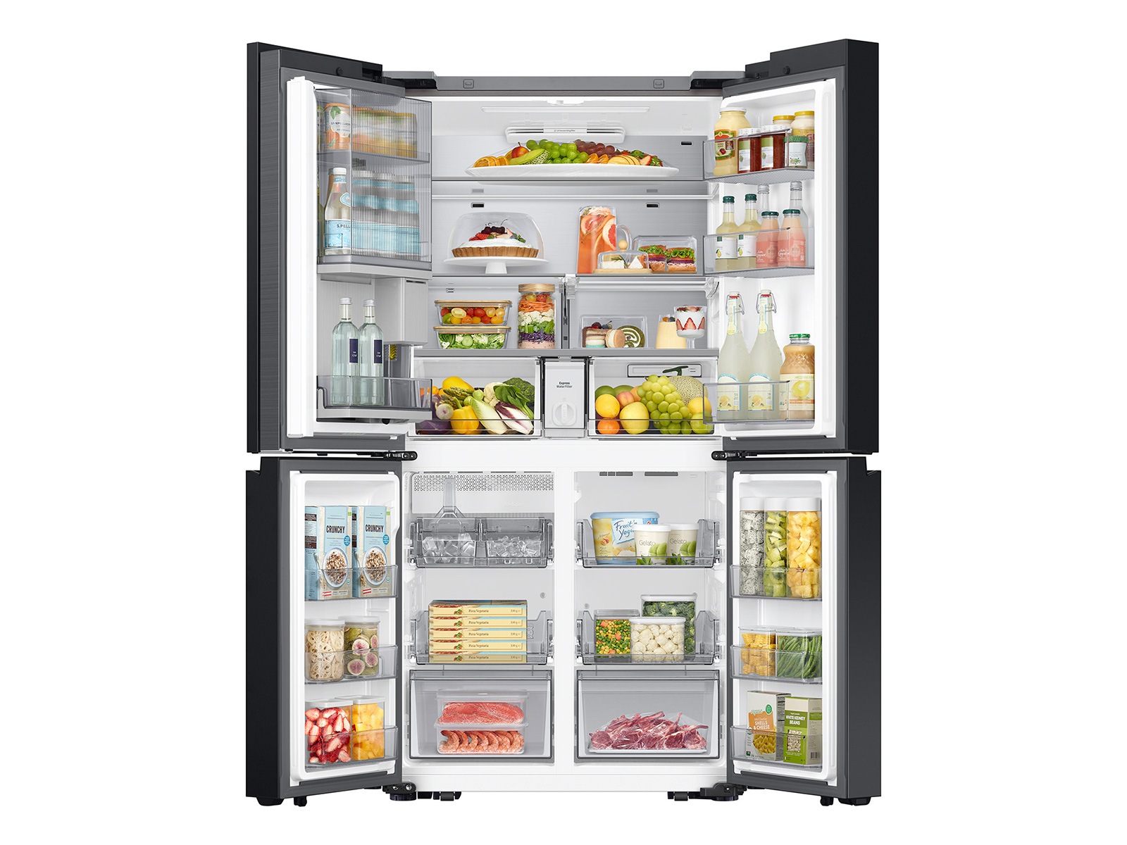 Samsung Bespoke 4-Door Flex White Glass Refrigerator with all 4 doors ajar stocked with groceries