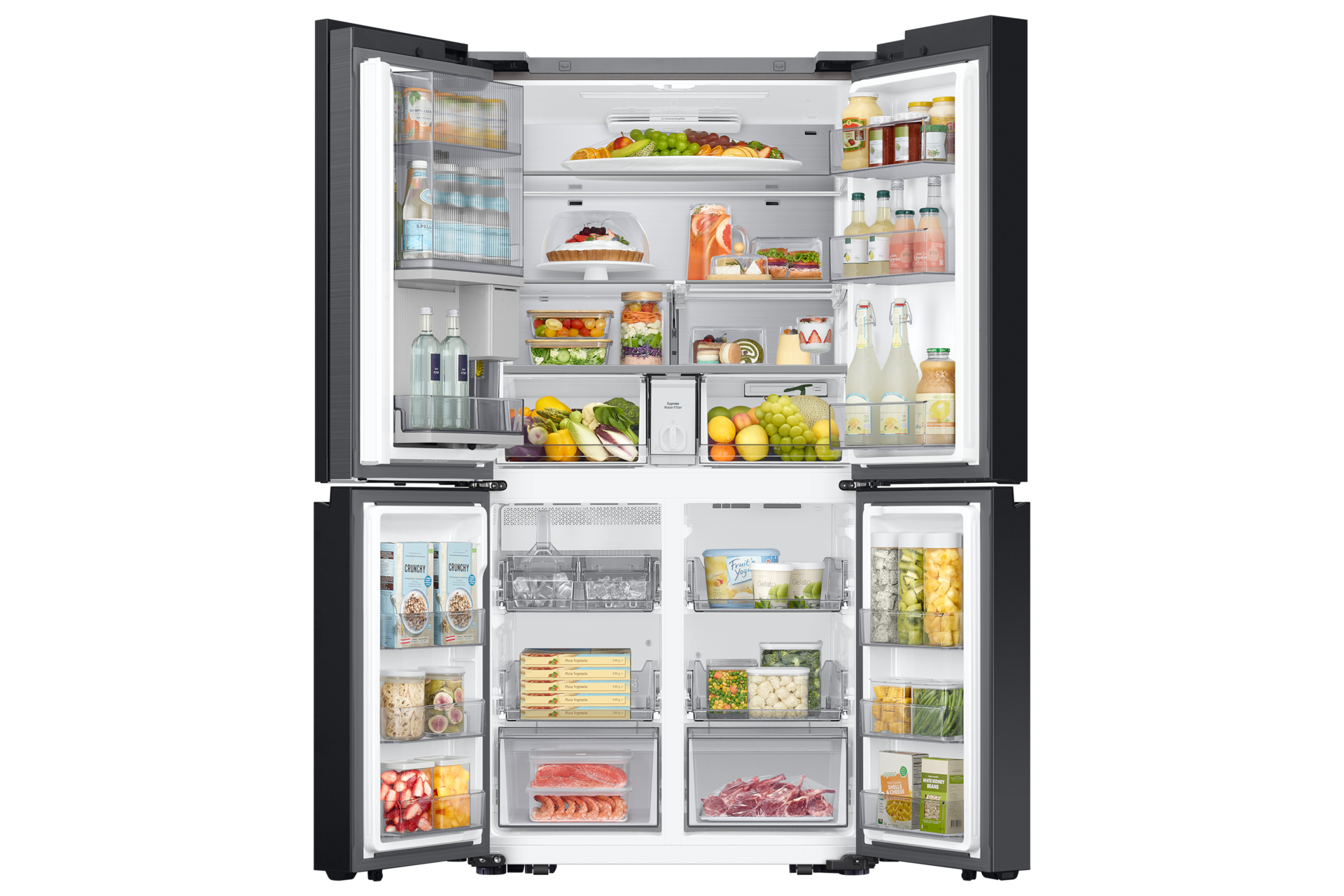 BESPOKE RF9000 T Style French Door Refrigerator with See-thru Door Front-Open-With-Food1 Clean White 