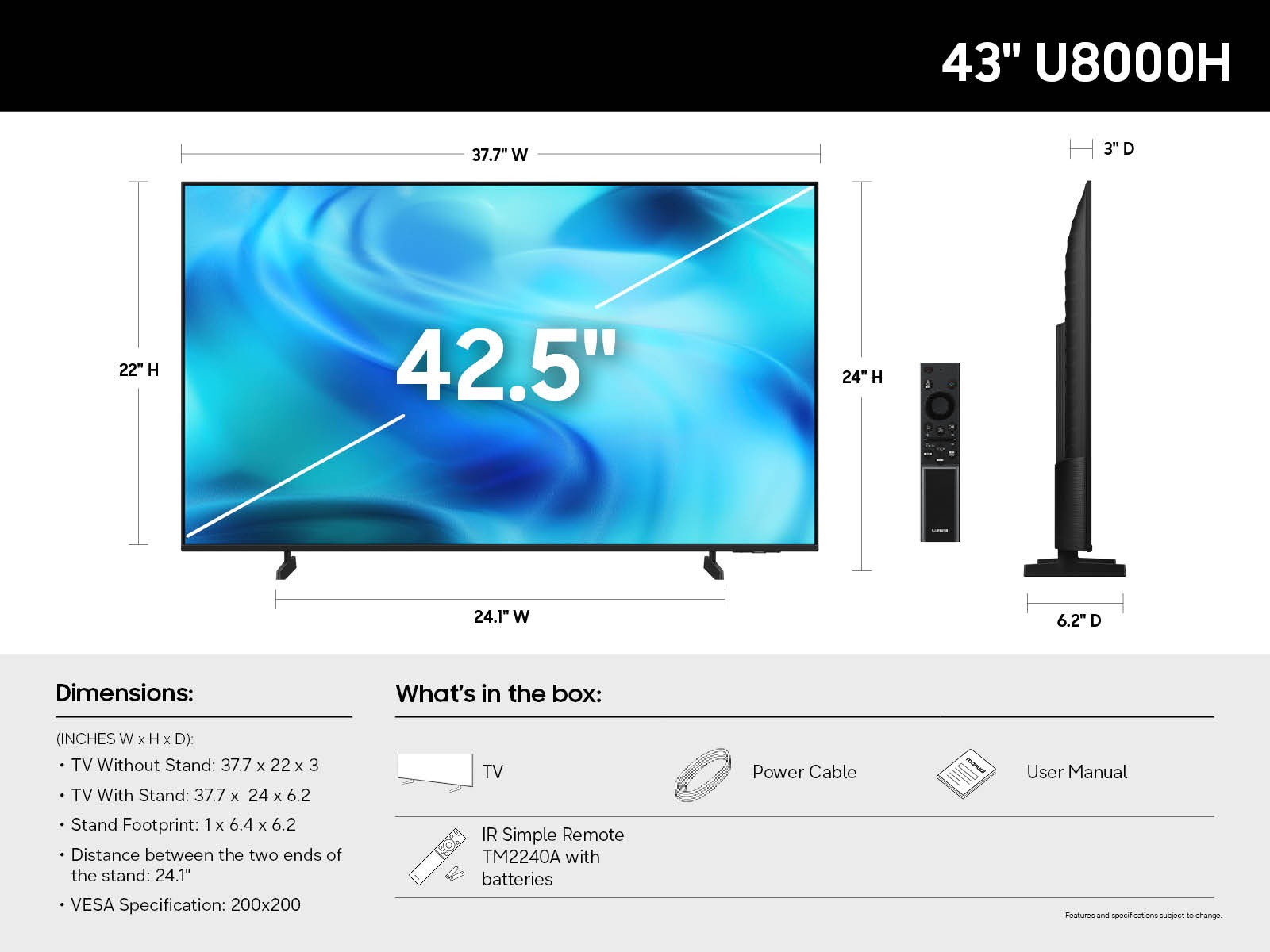 Samsung Class Crystal UHD 4K TV U8000H - Spec Chart