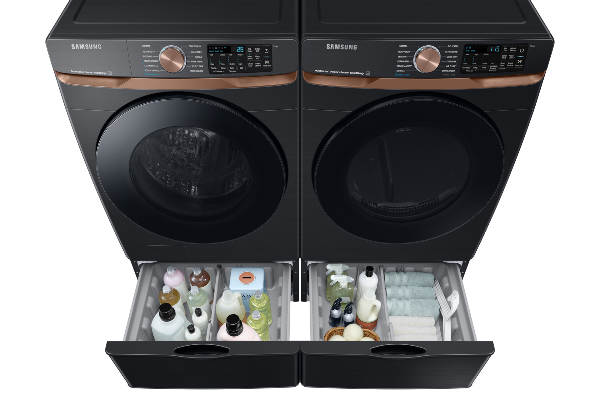 5.0 cu. ft. Extra Large Capacity Smart Front Load Washer with Super Speed Wash and Steam in Ivory Front-Pair-Pedestal-Prop Black 