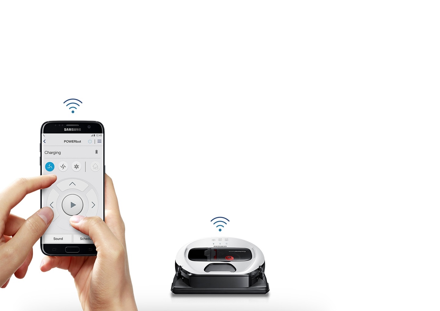 An image showing a user controlling a POWERbot VR7010 device using a smartphone connected via Wi-Fi.